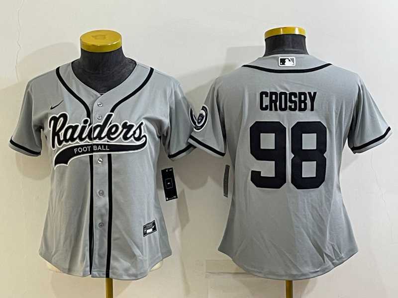 Womens Las Vegas Raiders #98 Maxx Crosby Grey With Patch Cool Base Stitched Baseball Jersey->women nfl jersey->Women Jersey
